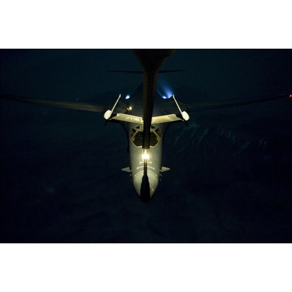 24"x36" Gallery Poster, A U.S. Air Force B-1 Lancer aircraft receives fuel from a KC-10 Extender aircraft