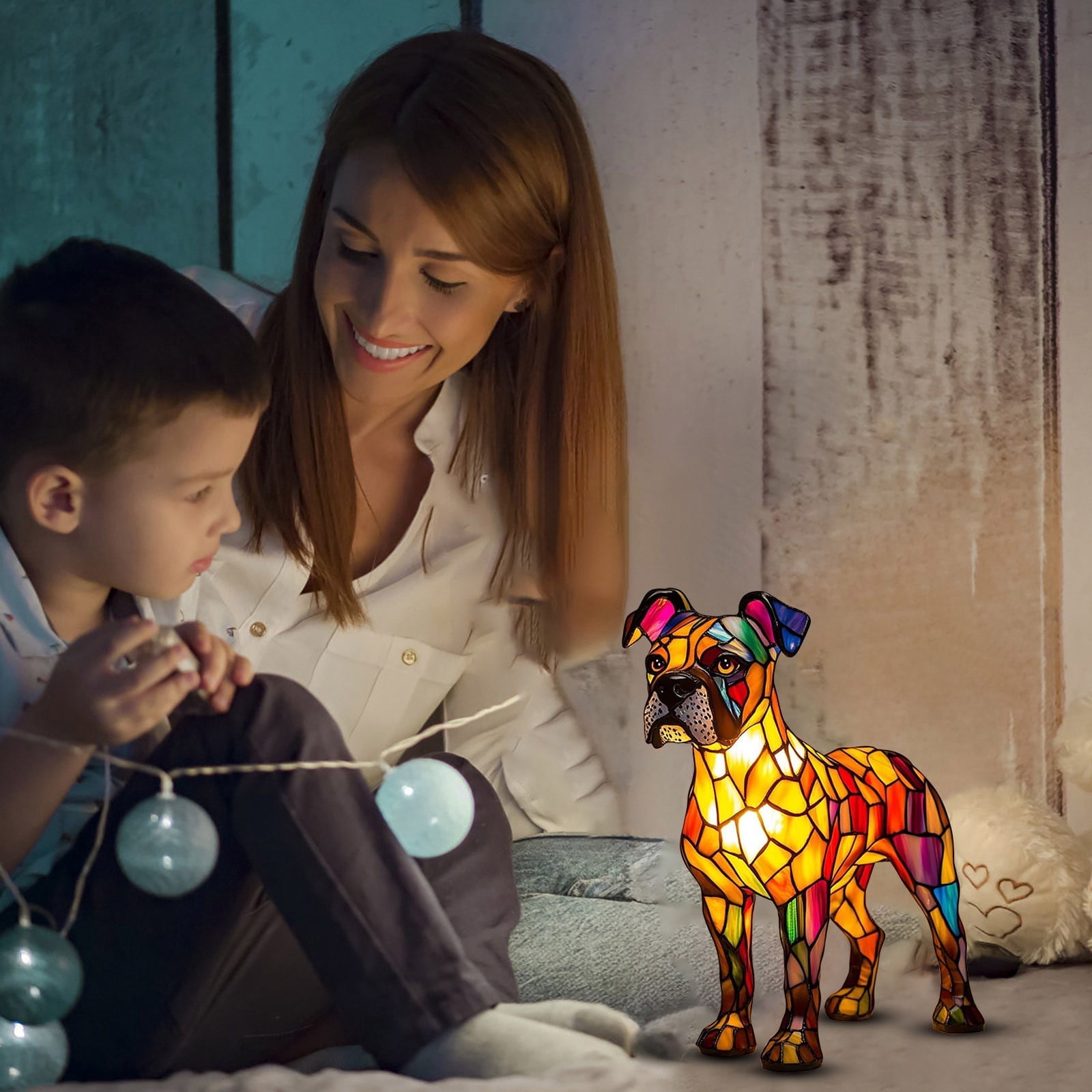 Dollars Dog Series Art Night Light, Stained Resin Desk Light Dog Lamp, LED Night Light for Home Room Decor Fun Gift for Dog Lover(Boxer)