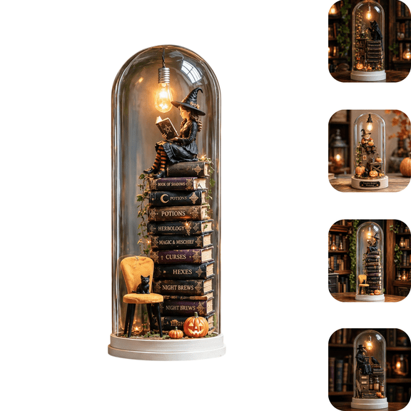 Halloween Glass Dome Miniature Scene Ambient Lamp, Dark Academia Spooky Tabletop Diorama Lamp, Wood Base Glass Cloche, Collectible Ornament for Halloween Home & Party Gift - Witch