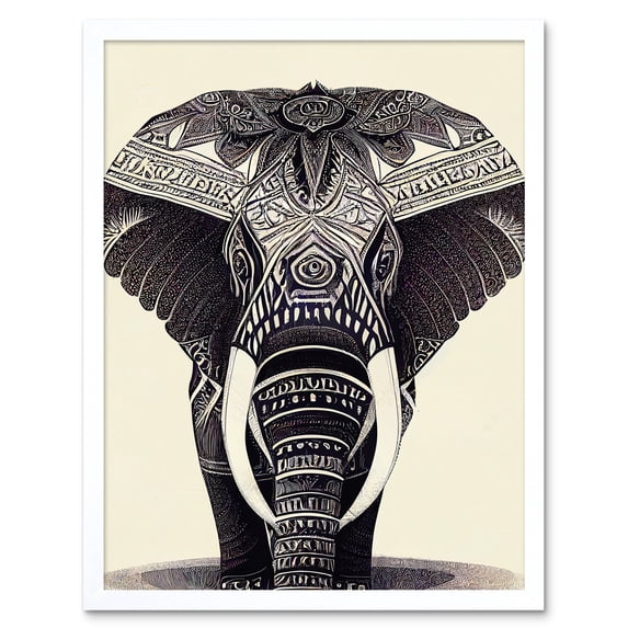 Illustration Of Elephant With Tribal Patterns Black And White Art Print Framed Poster Wall Decor 12x16 inch