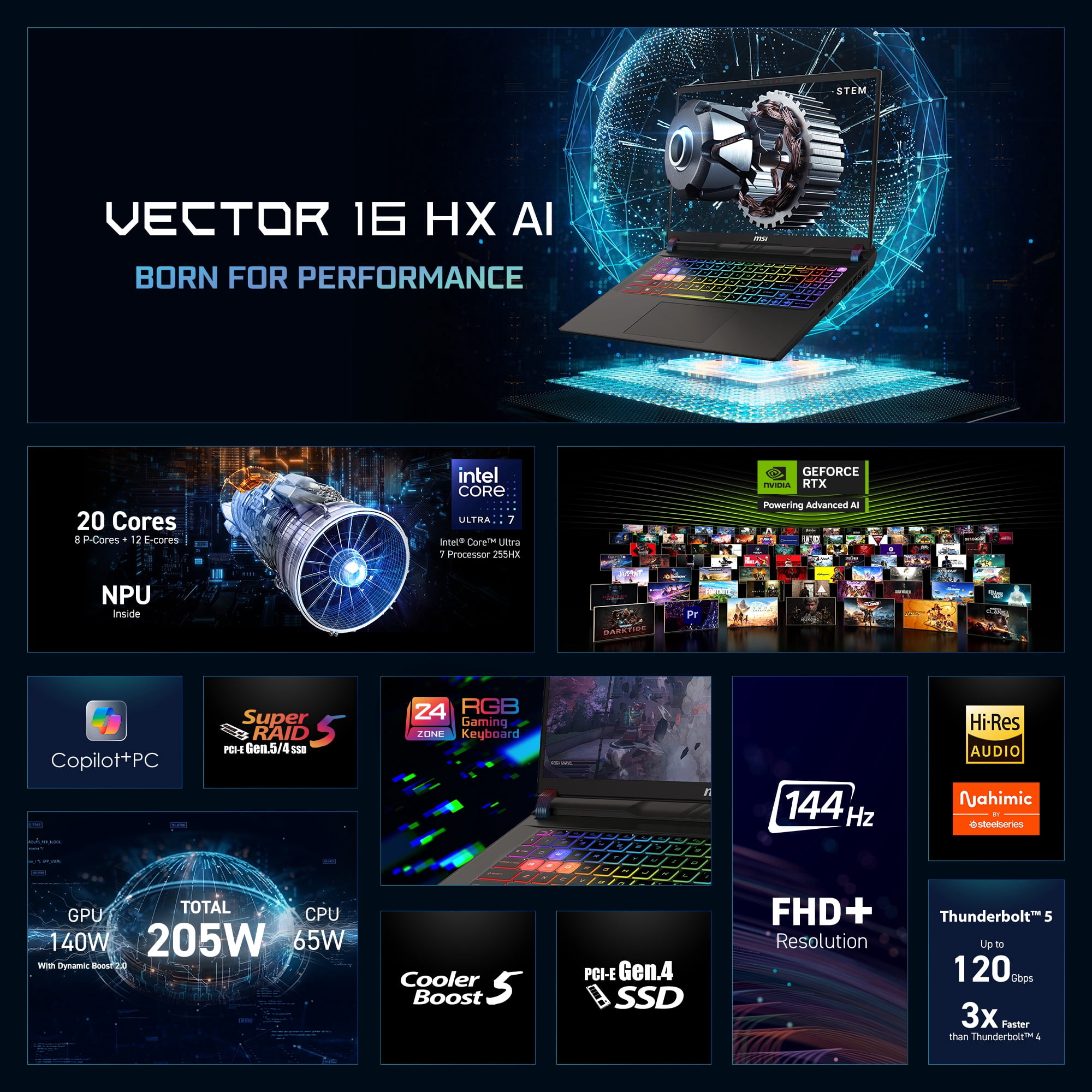 MSI Vector 16" 144Hz Gaming Laptop, Intel Core Ultra 7 255HX, NVIDIA GeForce RTX 5070 Ti, 16GB RAM, 512GB SSD (2026)
