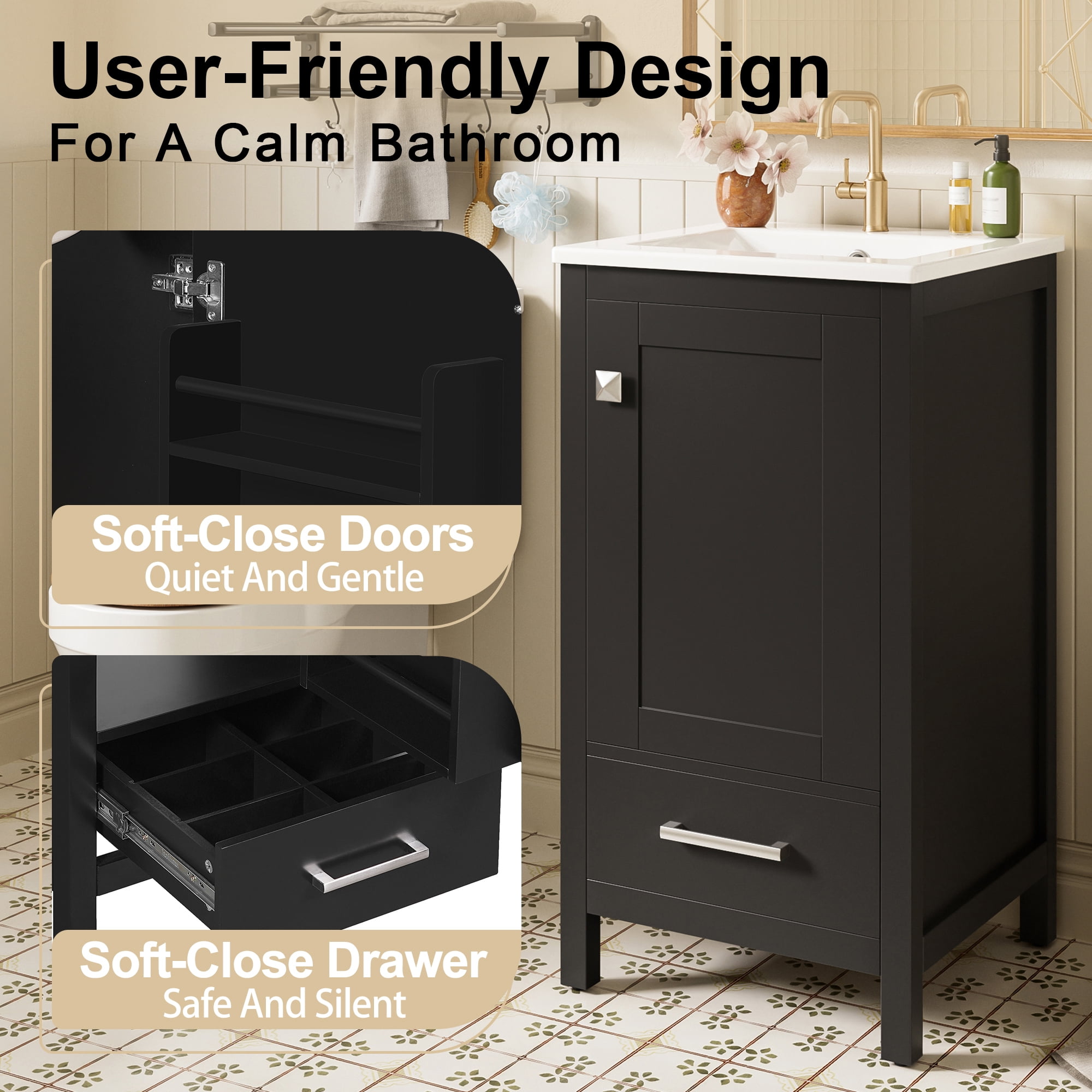 MODERNLUXE 18" Small Bathroom Vanity with Ceramic Sink Combo,Modern Undermount Vanity Sink Cabinet with Door Organizer & Divider Drawer, Freestanding Bathroom Storage Cabinet for Small Space,Black