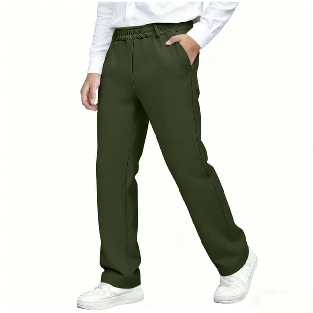 Pantalones largos para niños, de color liso, con cintura elástica, de talla media, rectos, informales y cómodos, de poliéster.