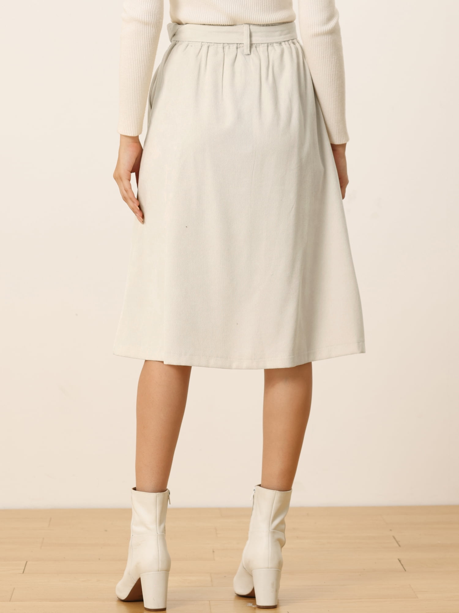DARING DIVA Women's A-Line Button Front Belted Midi Skirts M Cream