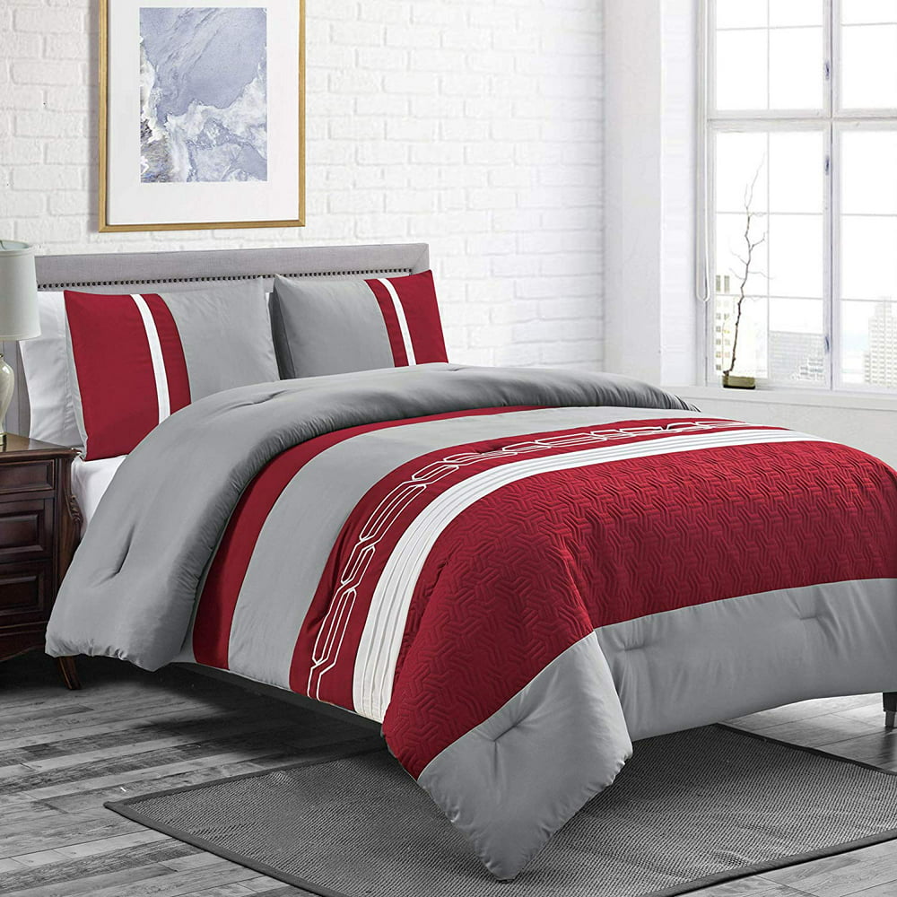 Burgundy/Grey Goose Down Alternative Comforter Set Queen Size Bedding ...
