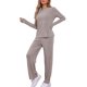 thumbnail image 4 of Conjunto de pijamas INSPIRE CHIC para mujer, con cuello redondo, manga larga, ropa de dormir suave, PJs de descanso con bolsillo, talla XL, color marrón, 4 of 6