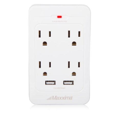 Maxxima 4 Outlet Dual USB 3.1A Grounded Adapter Plug, 800 Joules
