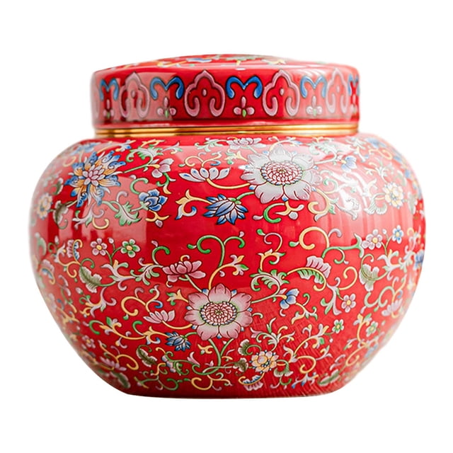 Ceramic Ginger Jar Vase with Lid Flower Arrangement Chinese Desktop Crafts Red