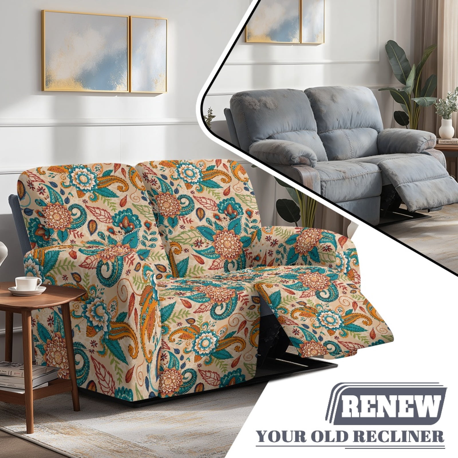 Xoenoiee Boho Mandala Paisley Flower Print 6 Pieces Stretch Recliner Loveseat Covers Soft Reclining Couch Cover with Pockets Anti-Slip Sofa Slipcovers Fitted Furniture Protector for Pet Kid