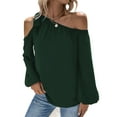 thumbnail image 1 of Blusa informal elegante de gasa con puños elásticos y mangas abullonadas de Color puro con nudo y hombros descubiertos para mujer verde oscuro L, 1 of 7