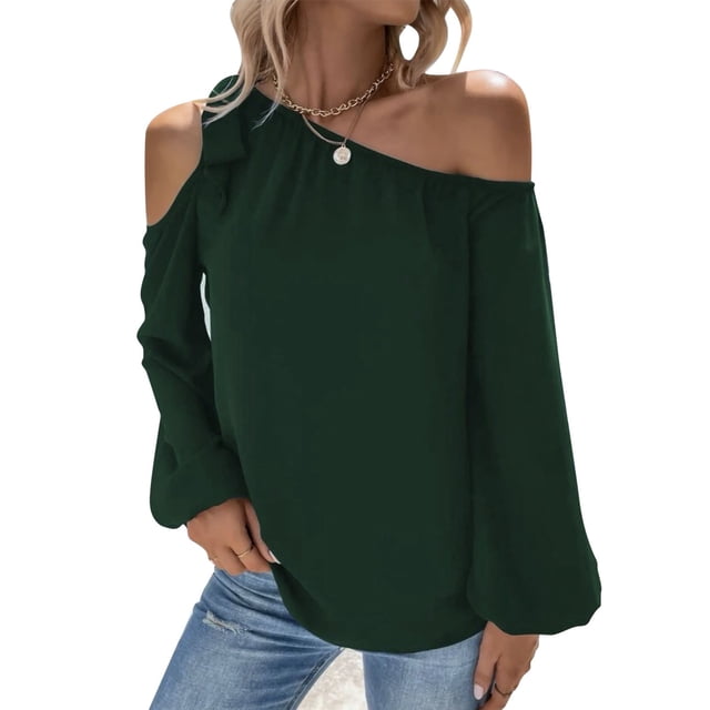 Blusa informal elegante de gasa con puños elásticos y mangas abullonadas de Color puro con nudo y hombros descubiertos para mujer verde oscuro L