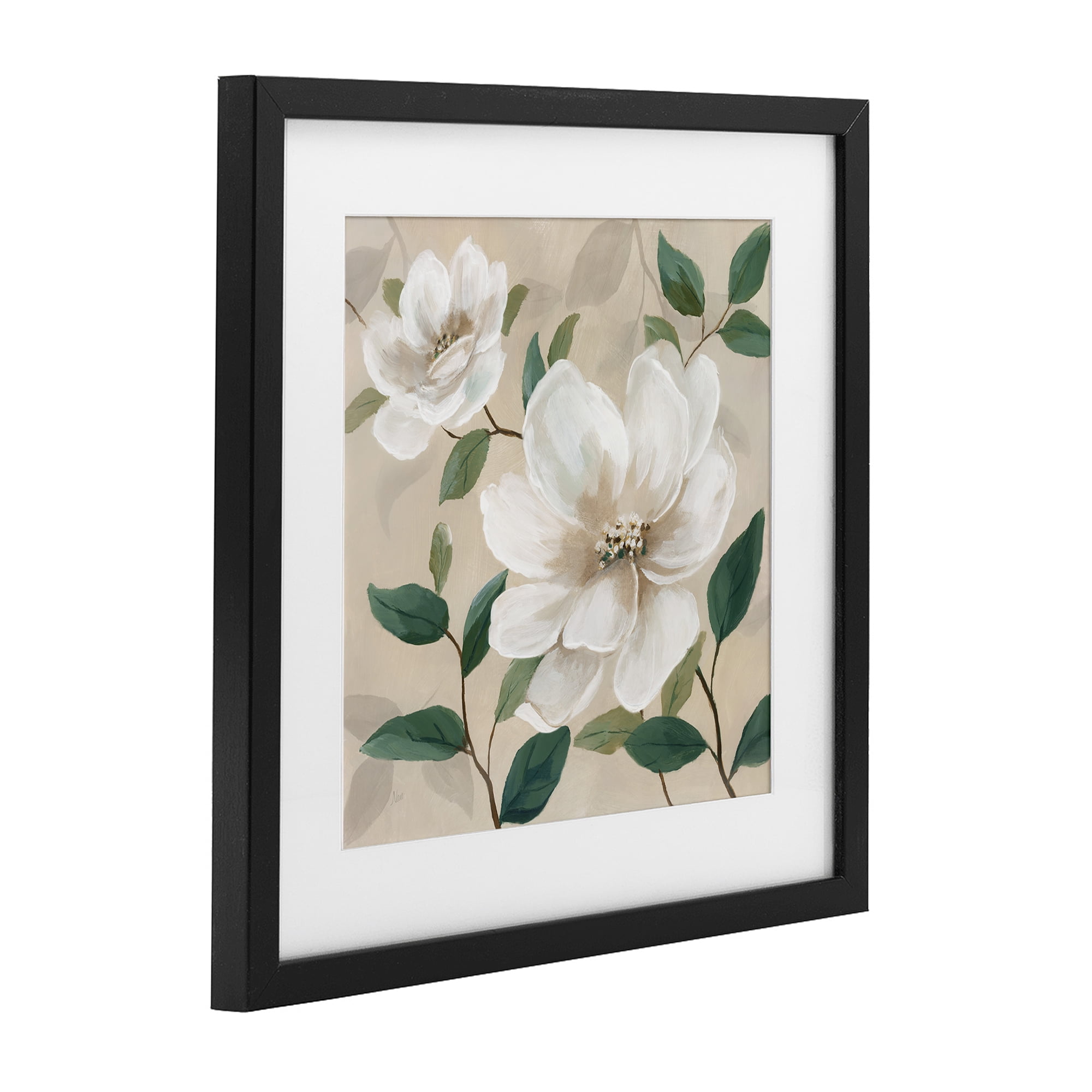 Stupell Industries Serene White Blossom with Leaves Black Framed Print Under Glass, design by Nan