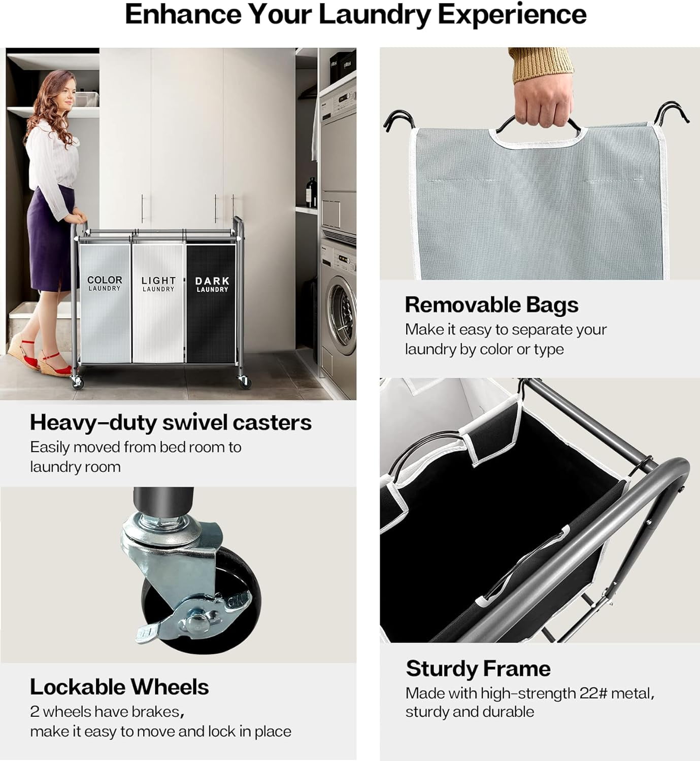 Laundry Sorter 3 Section, Separated Laundry Basket with Wheels, Rolling Laundry Hamper Cart with Large Capacity and Removable Bags, Divided Clothes Hamper for Family Laundry, Multicolor