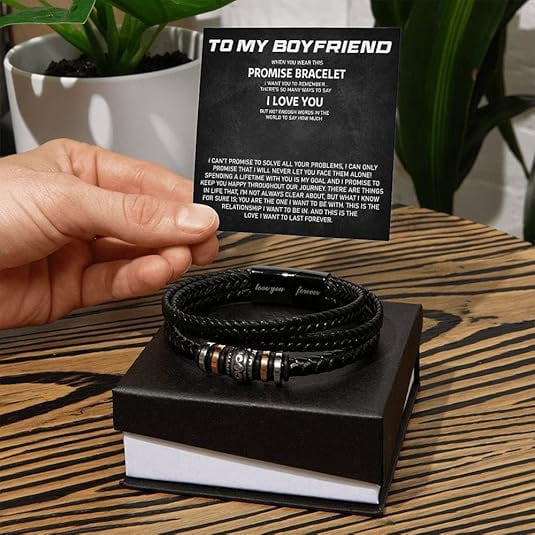 To My Boyfriend Bracelet with Message Card and Box, Love You Forever Engraved Bracelet, Boyfriend Gifts from Girlfriend, Birthday Gift For Boyfriend, Leather Bracelet for Men
