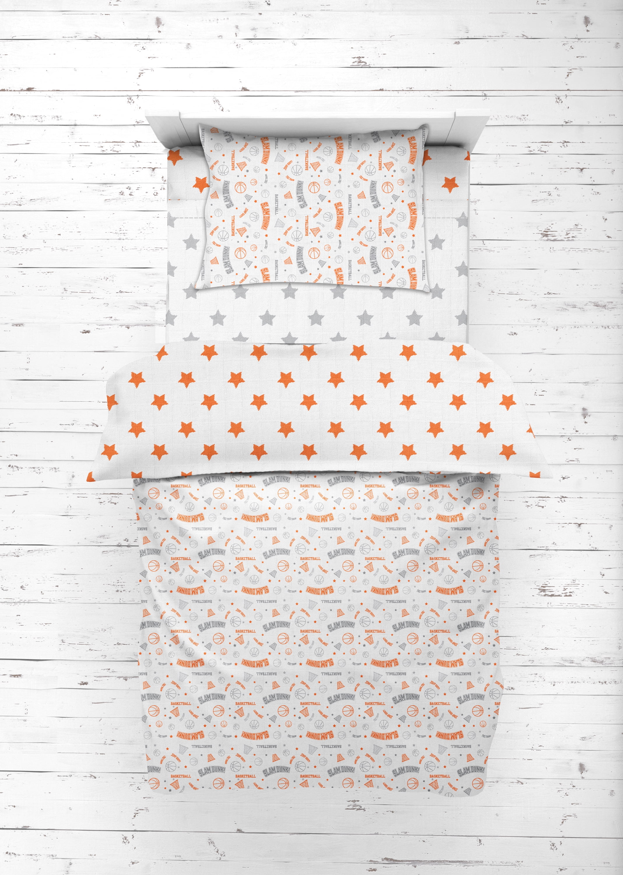 Bacati - Sports 100% Cotton breathable Muslin 3-Piece Toddler Bedding Sheet Set, Basketball Orange/Grey