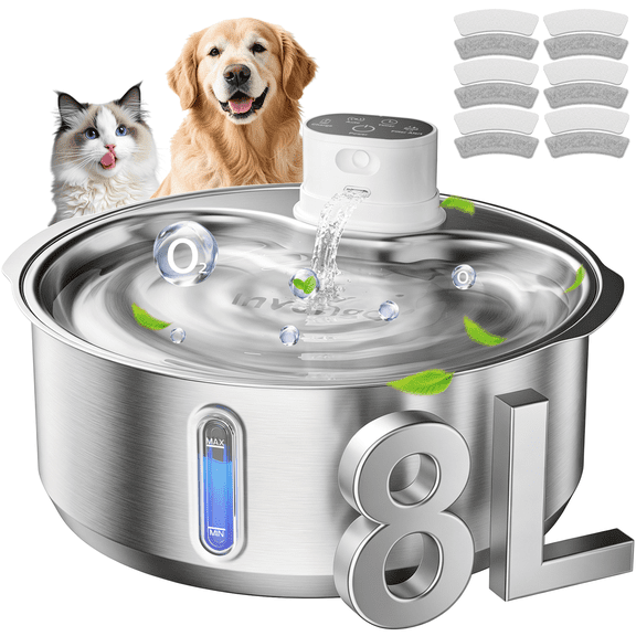 Invengo Wireless 8L/2.1Gal Water Fountain for Dogs, Premium Stainless Steel Pet Water Fountain with 3 Motion Sensor, Automatic Water Bowl Dispenser for Large Dog Cats & Multi-Pet