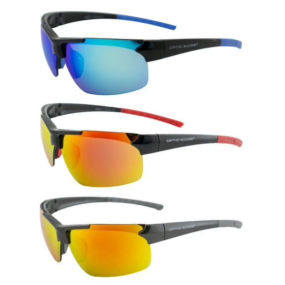 Optic Edge Frontrunner Sports & Motorcycle Sunglasses 3 Pairs Semi-Rimless Black Frame w/Blue Red & Orange Mirror Lenses