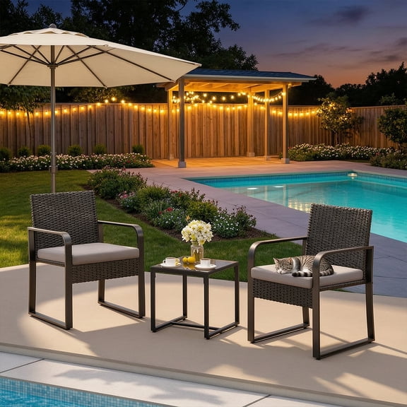 3 Piece All-Weather PE Rattan Patio Bistro Set, Outdoor Wicker Patio Furniture Set, Conversation Chairs with Tempered Glass Table for Balcony Yard Poolside Garden, Gray