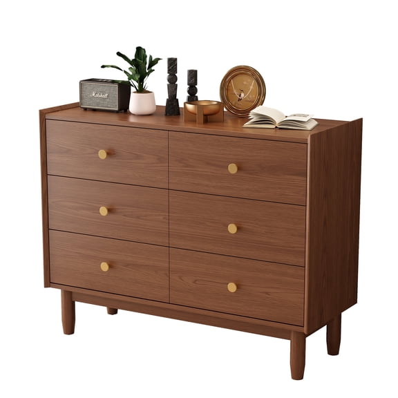 KASLANDI 6 Drawer Dresser for Bedroom, 41.2" W Wood Chest of Drawers with Large Storage Cabinet, Mid-Century Dressers for Closet Kitchen, Sideboard