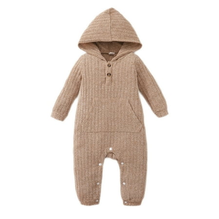 

NZRVAWS Newborn Baby Boys Romper Jumpsuit Onesies Bodysuit Solid Color Long Sleeve Hooded Romper 9-12 Months Brown