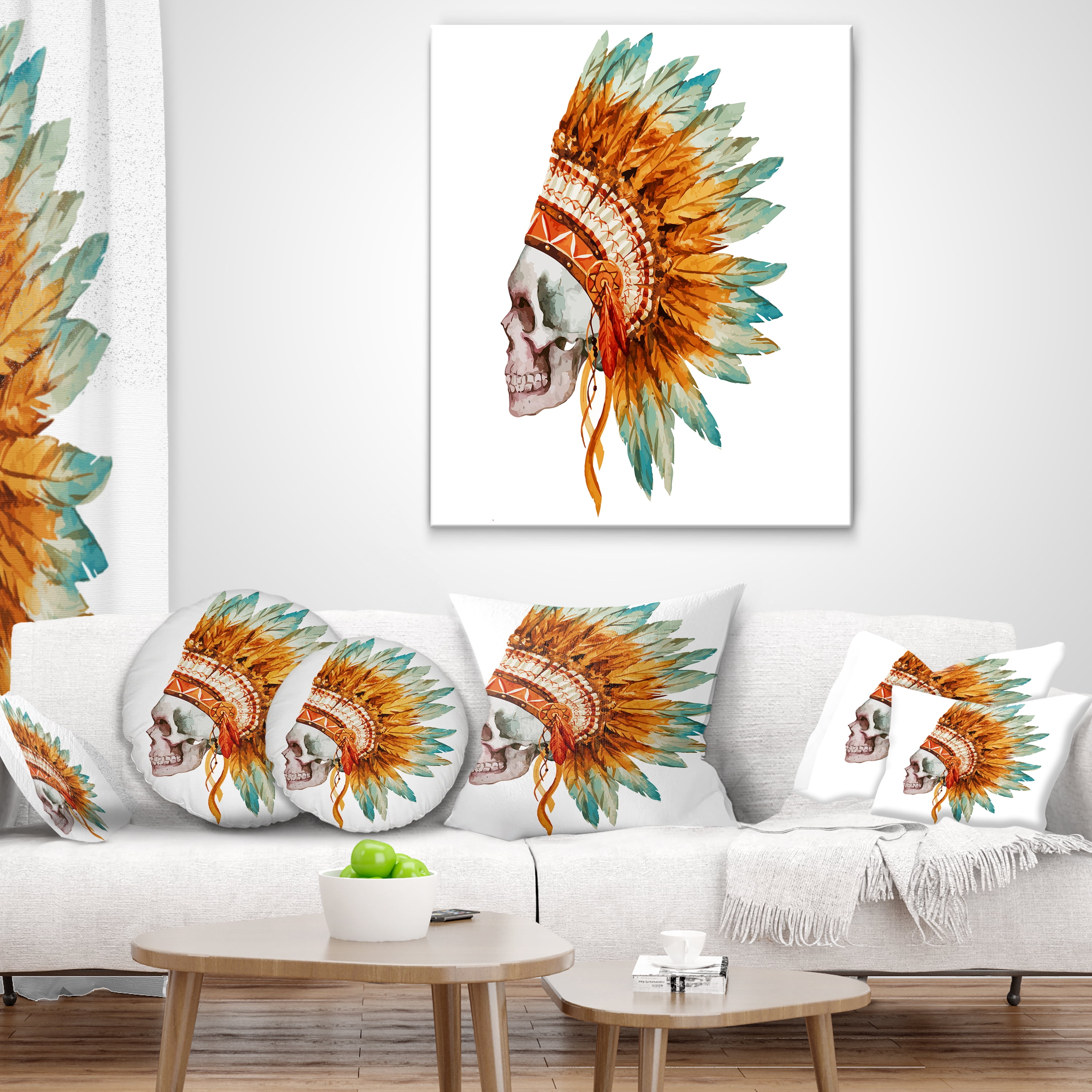 Designart Skull with Feathers - Abstract Throw Pillow - 16x16