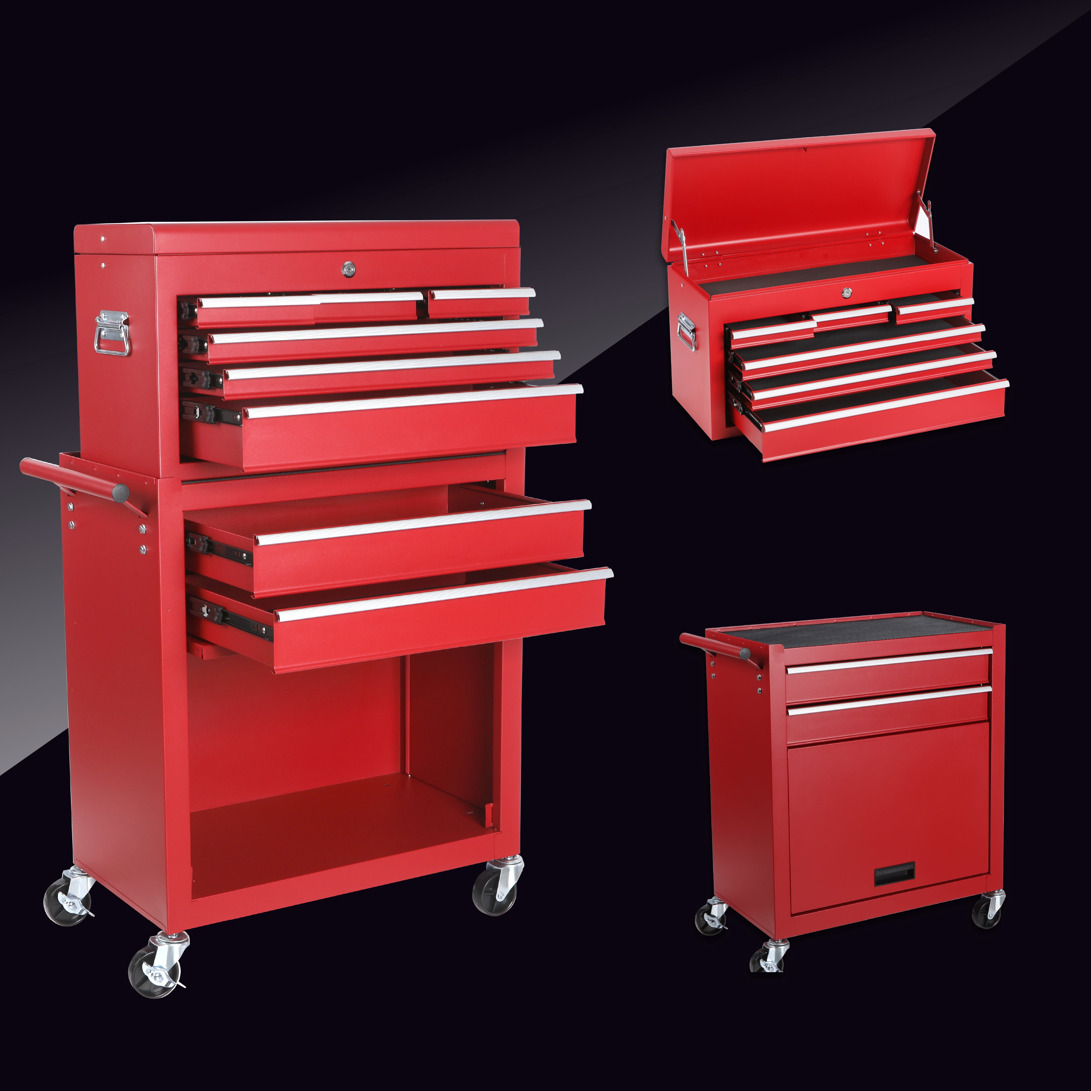 8-Drawer Rolling Tool Chest,Metal Tool Storage Cabinet with Detachable 2-in-1 Top Tool Box,Lockable Casters, Side Hooks, Lockable Drawers with Liners, Mobile Tool Cart for Garage, Workshop,Red