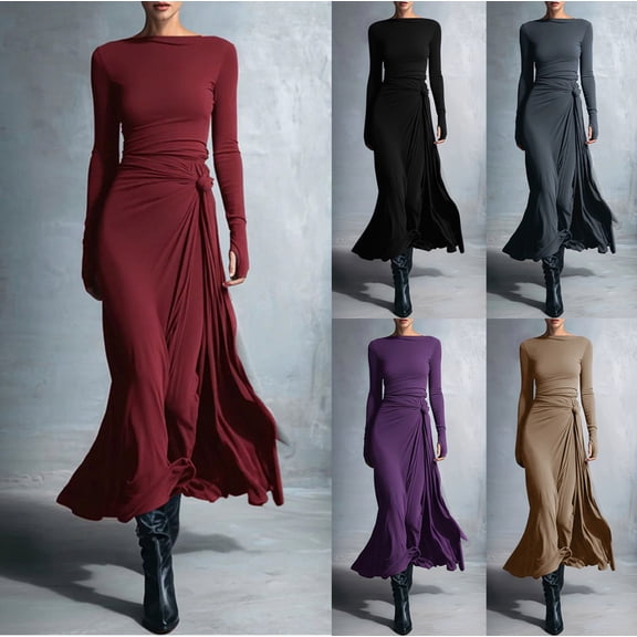 RYDCOT Women Long Sleeve Maxi Dress A-Line Pleated Flowy Elegant Party Cocktail Crew Neck Thumb Button Dresses Wine