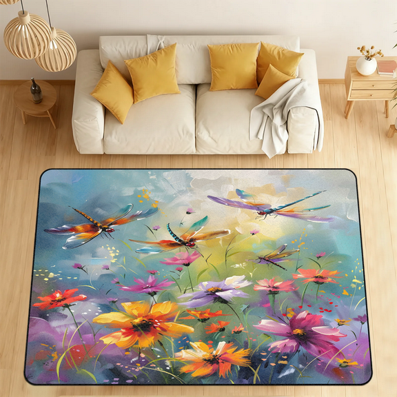 CURLYOOT Dragonflies Floral Watercolor Area Rugs for Living Room Bedroom, 4' 10" x 6' 8" Washable Rug, Floor Carpet with Non Slip Backing for Dining Room Indoor