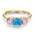 thumbnail image 3 of Gem Stone King 18K Yellow Gold Plated Silver Simulated Blue Opal and Pink Lab Grown Diamond Engagement Ring for Women | 1.30 Cttw | Round Cabochon 6MM | Gemstone October Birthstone | Size 8, 3 of 6