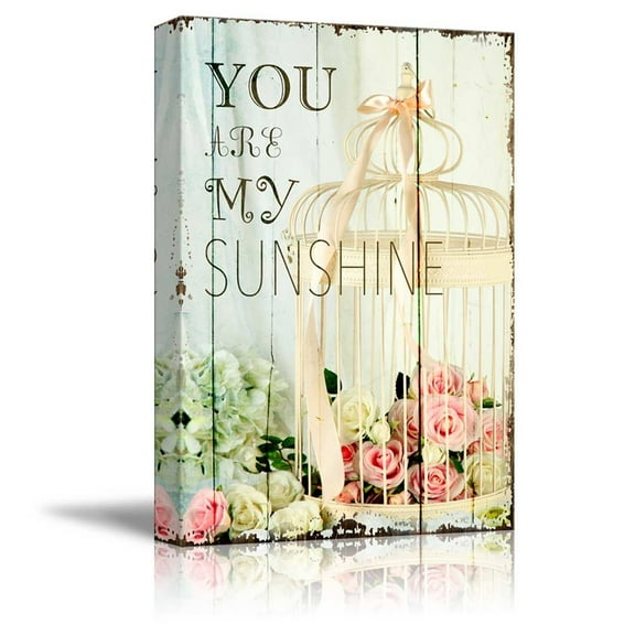 wall26 - Vintage Cage with Roses on Wood Texture with a Quote - You are My Sunshine - Canvas Art Home Art - 24x36 inches