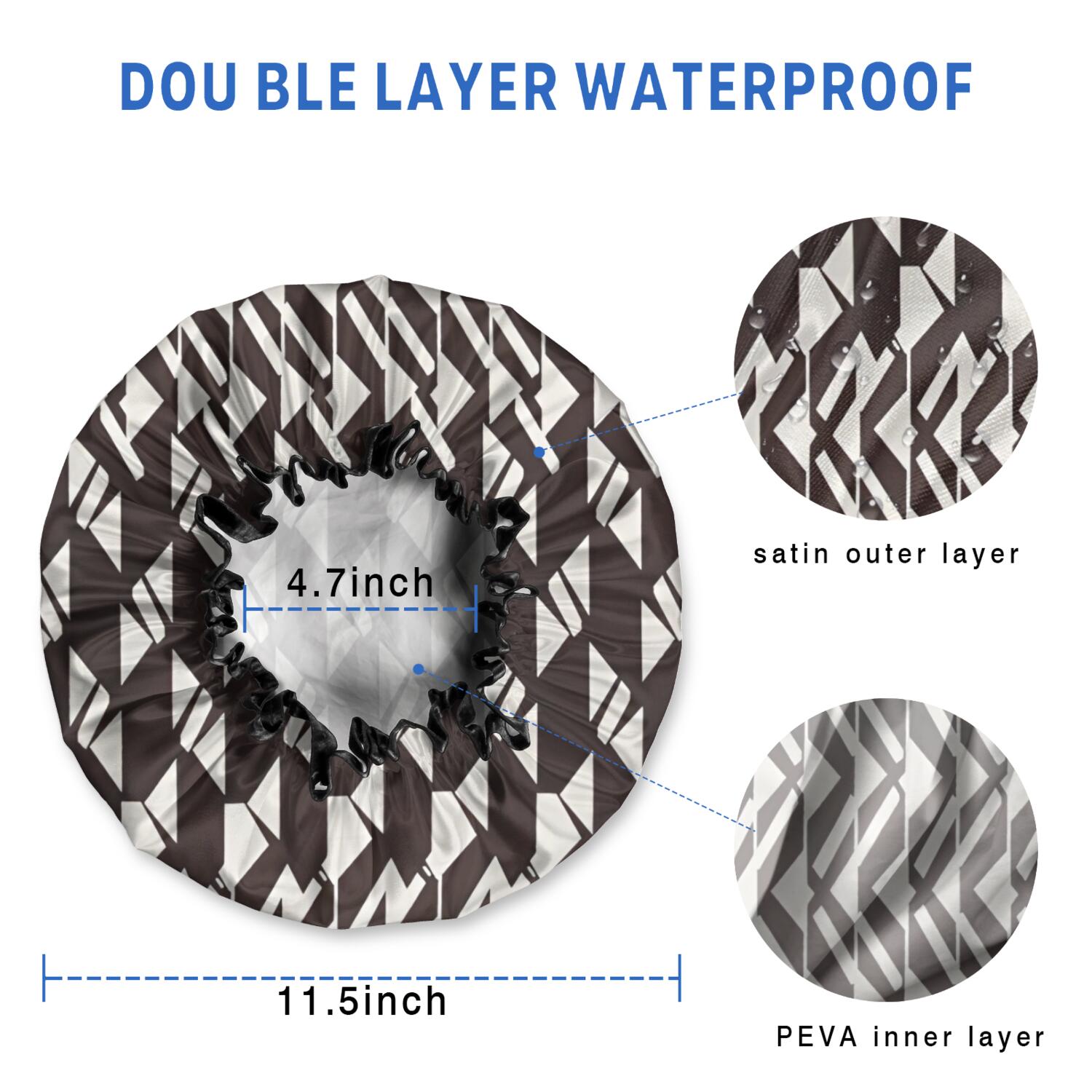 Shower Caps,Black White Geometric Pattern Waterproof Shower Cap for Women 4 Pieces,Double Reusable Hair Cover for Shower PEVA Elastic Stretch Hem
