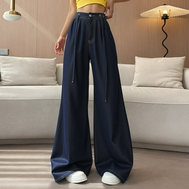 WILLBEST Jeans Mujer Pantalones Casuales de Pierna Ancha Para Mujer, de Tela Suave y Elástica, Cómodos, de Uso Diario, de Corte Holgado, Largos y Versátiles Para Todas Las Estaciones, de Color Liso.