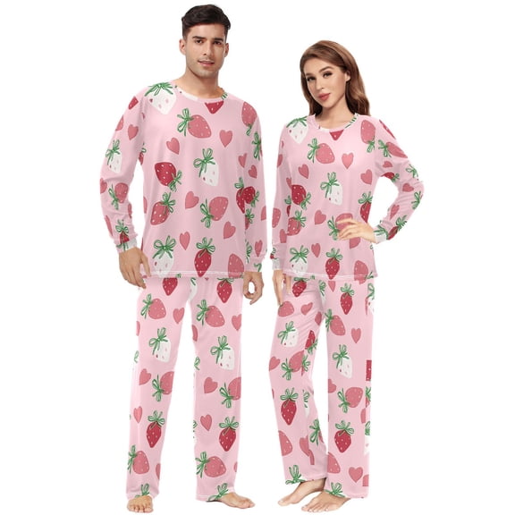Matching Pajamas for Couples Strawberry Bow Heart His and Hers Pajamas Sets Soft Long Sleeve Sleepwea