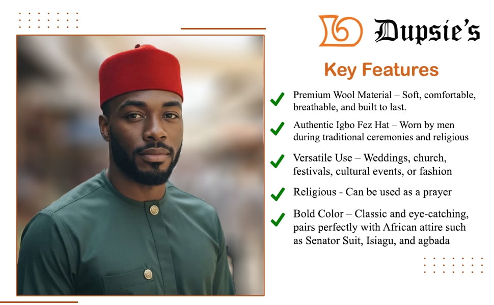 Red Wool Fez Hat for Men – Soft Felt Igbo Cap | Traditional African Hat Kufi