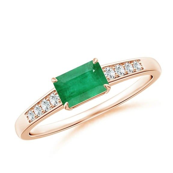 ANGARA Natural East West Emerald-Cut Emerald Solitaire Ring with Diamond Accents in 14K Rose Gold for Women (Size-6x4mm) | May Birthstone, Anniversary, Jewelry Gift for Women | Natural Emerald Ring