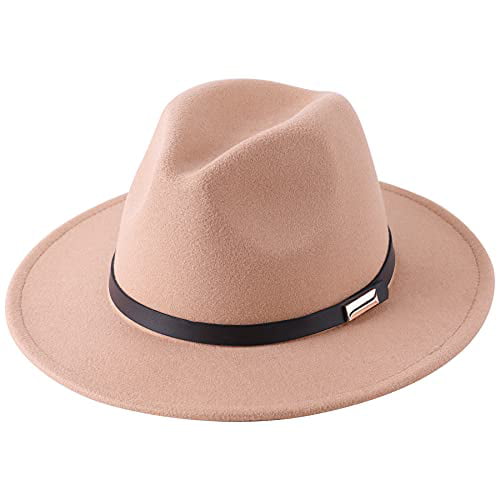 Lanzom Womens Classic Wide Brim Floppy Panama Hat Belt Buckle Wool Fedora Hat 