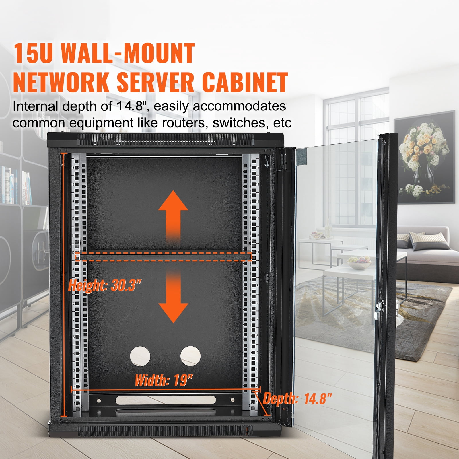KFFKFF 15U Wall-Mounted Network Cabinet, 500 lbs Ground Load Capacity, Server Rack Enclosure with Lockable Tempered Glass Door, Removable Side Panels, Durable Q235 Carbon Steel