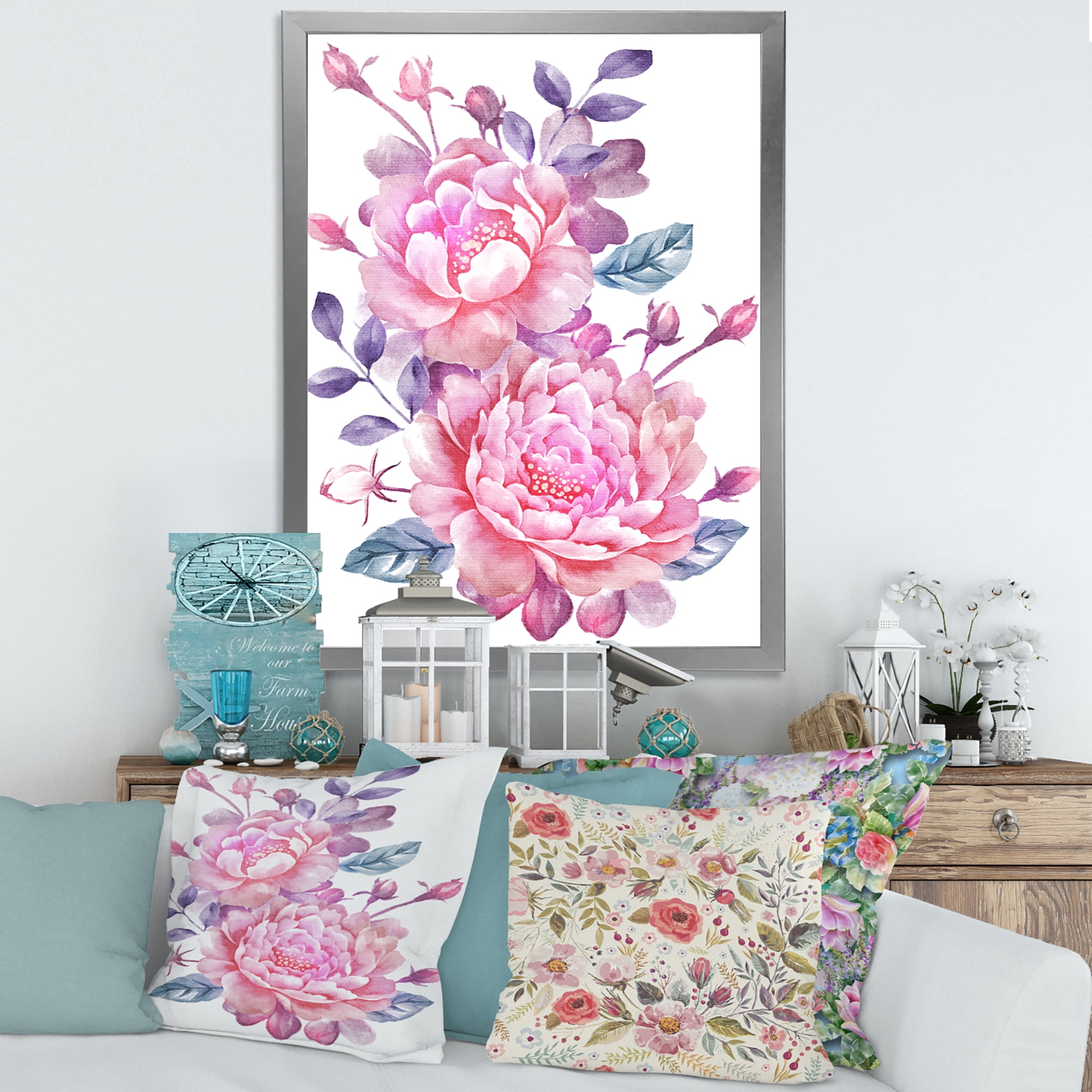 Designart 'Pink Retro Flowers With Blue Leaves On White' Traditional Framed Art Print