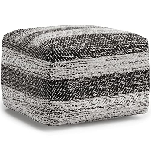 SIMPLIHOME Clay Square Pouf, Footstool, Upholstered in Patterned Grey Melange Hand Woven Cotton, for the Living Room, Bedroom and Kids Room, Transitional, Boho