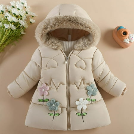 

Loniway Girls Winter Coats With Snow Gloves Hooded Warm Padded With Waist Belt Down Jacket For Toddler Girl Khaki 6-12 Months