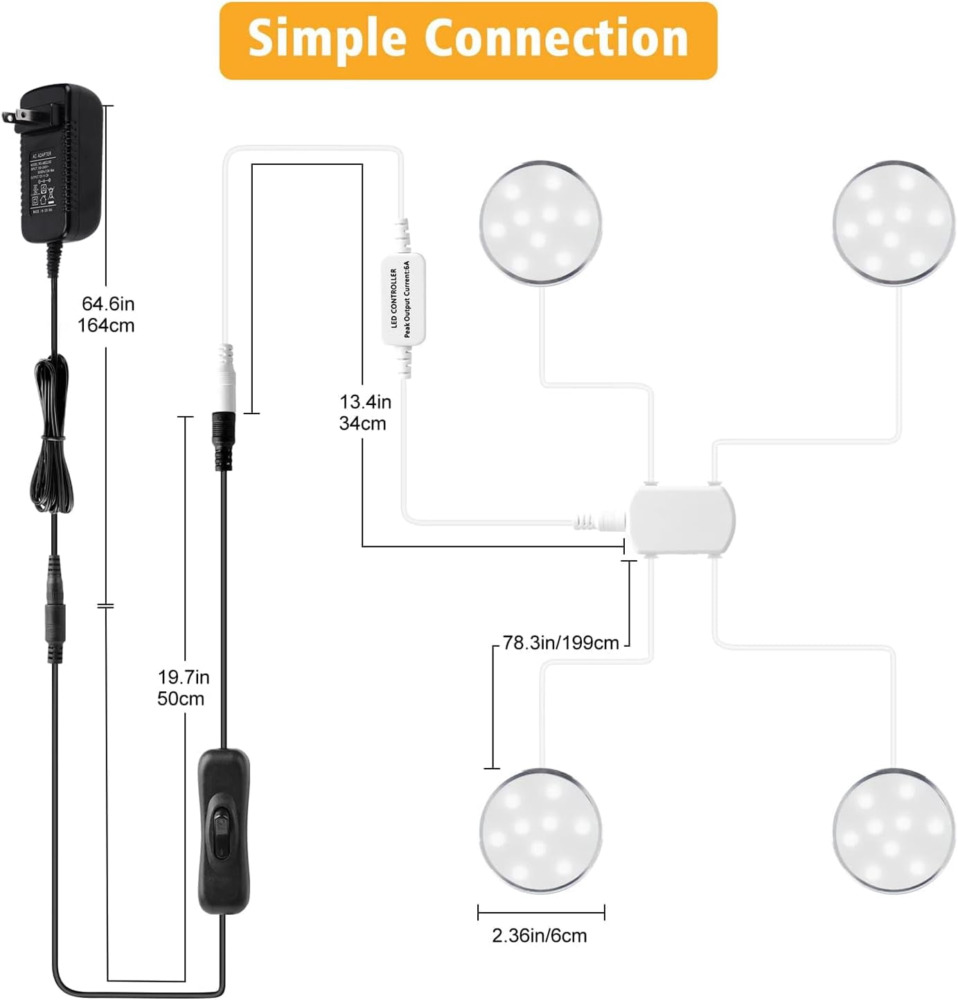 Adjustable LED Cabinet Lights - Wireless Remote Control 12V Plug-in Adapter, Ultra-Thin Sphere Lighting Fixture for Cabinets, Bookshelves, Display Cases, Wine Cabinets - 4-Piece Set