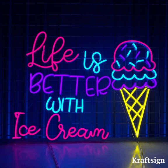 Craftnamesign Life Is Better With Ice Cream Neon Sign, Ice Cream Shop Sign