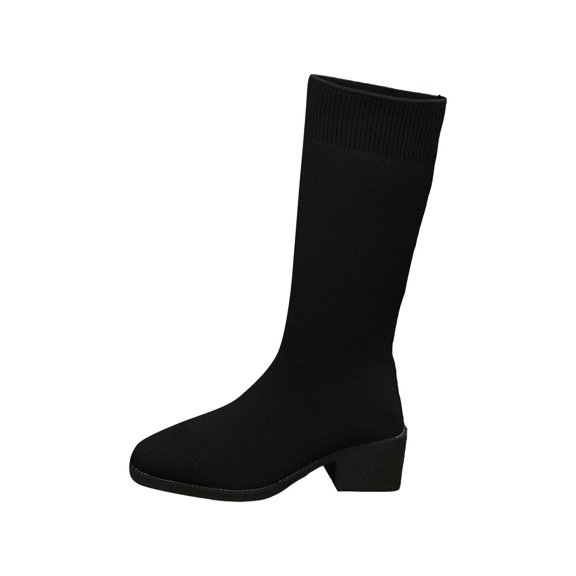 XUNKUSGA Womens Knit Sock Boots Stretch Breathable Comfortable Pull On Mid-Calf Boots Fashion Square Toe Low Block Heel Tall Boots for Fall Winter Daily Wear,5.5