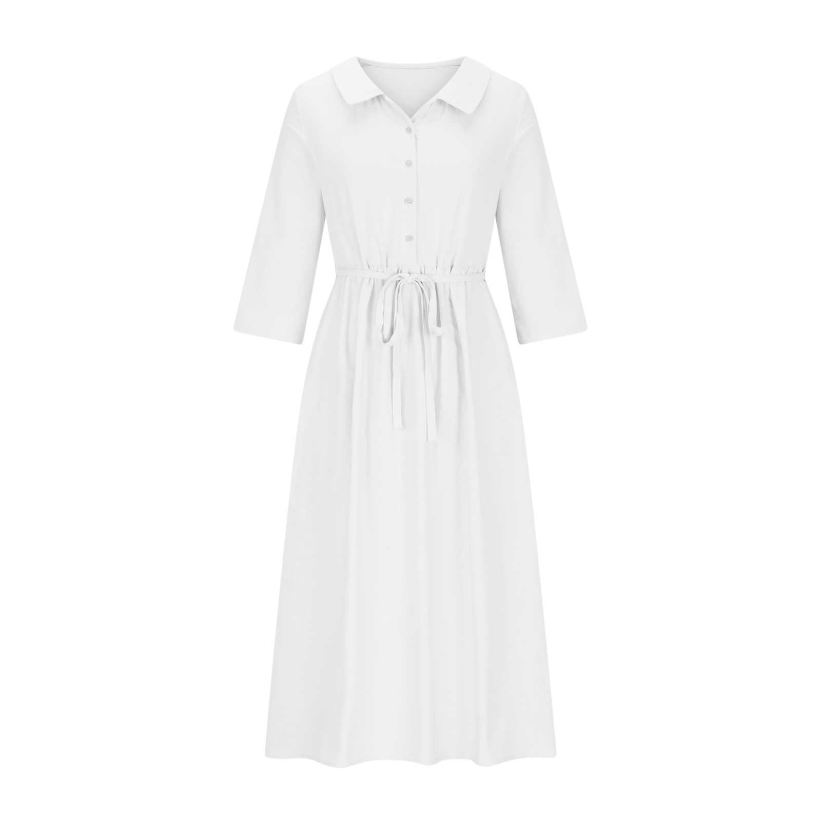 Mnyycxen Women Bohemian Cotton Linen Dresses 3/4 Sleeve Maxi Long Dress Plain Classic Dresses Trendy Boho Dresses with Belt
