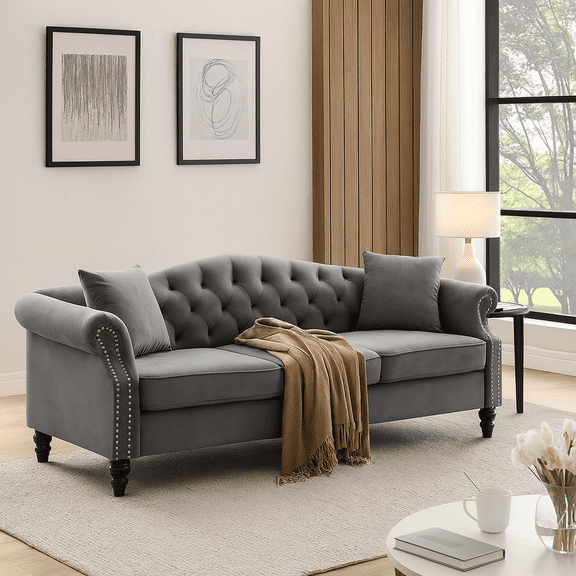 [Video] 79" Chesterfield Sofa Grey Velvet for Living Room, 3 Seater Sofa Tufted Couch with Rolled Arms and Nailhead for Living Room, Bedroom, Office, Apartment, two pillowsW834S00012