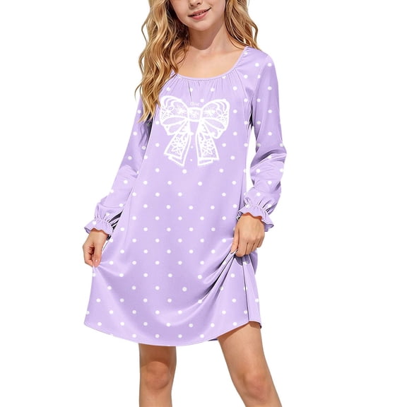 ATORRE Girls Bowknot Long Sleeve Dress Lightweight Cute Polka Dots Loose Crewnecke Swing Satin Dresses for Daily Fall Winter 2026 Purple 7-8 Years