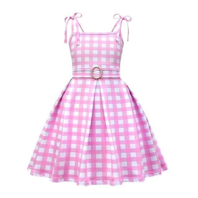 Disfraz De Barbie De Película Para Niños Margot Robbie Rosa A Cuadros Suspender Princesa Vestido Para Bebé Niñas Collar Sombrero Cumpleaños Halloween Carnaval Fiesta Vestidos