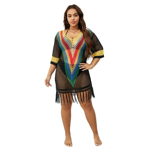 Sexy Cutout Multicolor Bathing Suit Cover up for Women Knit Beach Dress Crochet Swimwear Coverups Summer Cruise Wear Resort Dresses
