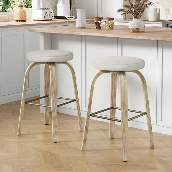 FFZ Swivel Bar Stools Set of 2 with Fabric Seat, Wood Legs and Metal Footrest, 30" Bar Height, Beige