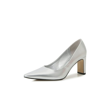 

SIMANLAN Women Comfort Pointed Toe Heeled Pump Casual Non-slip Pumps Ladies Fashion Chunky High Heels Silver 6
